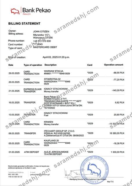 Poland Bank Pekao account statement Word and PDF template